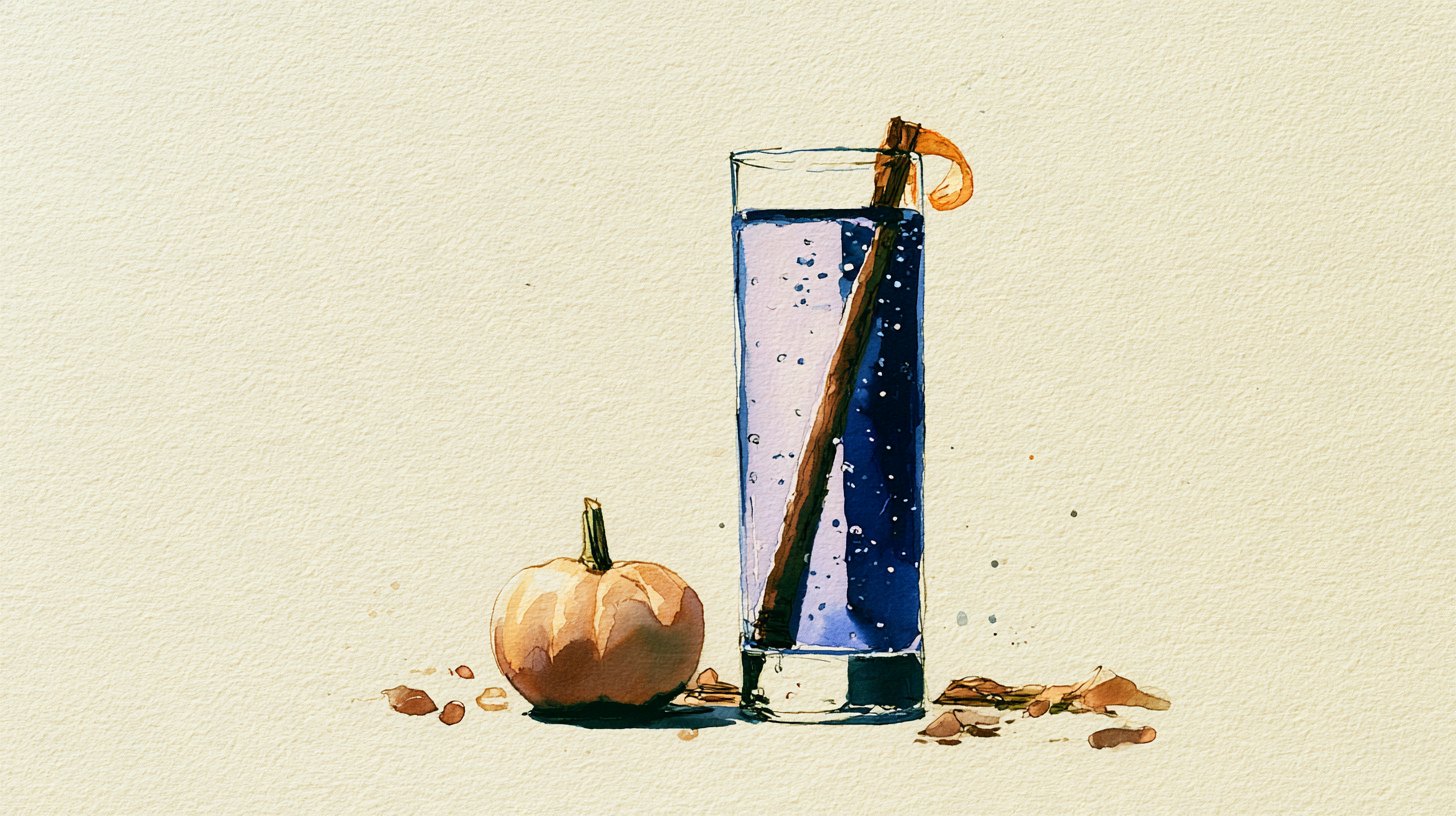 A tall glass of sparkling water with a cinnamon stick and orange twist beside a small pumpkin