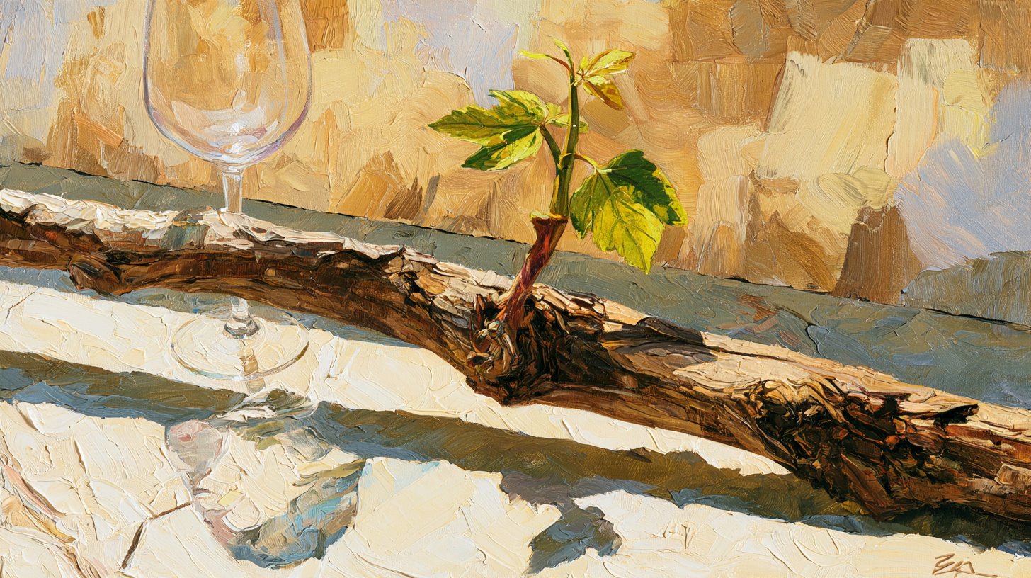 New green growth emerging from an old grapevine beside an empty wine glass, representing positive health changes after drinking less.
