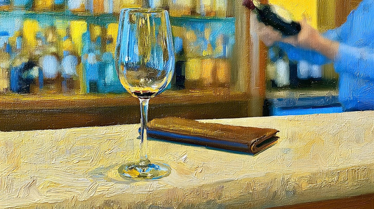 A glass of red wine, half full, on a light stone bar counter with a leather menu beside it, blurred bottles on shelving behind, painted in a warm, painterly editorial style.