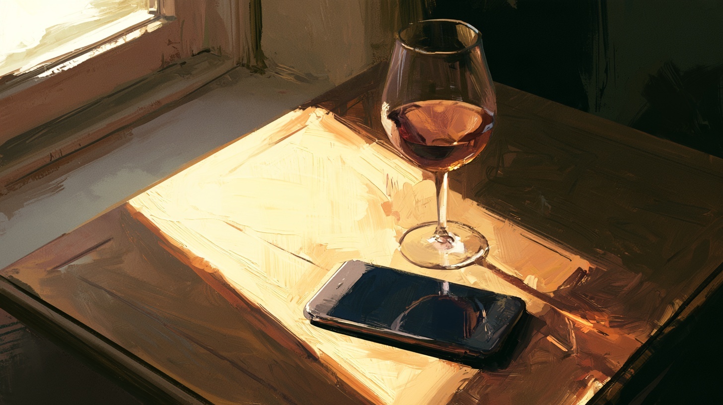 Painterly oil illustration of a phone lying face down on a warm wood table beside a wine glass in soft window light.