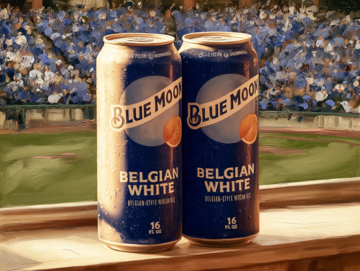 Painterly illustration of two 16-ounce Blue Moon Belgian White cans on a stadium ledge, a blurred crowd in blue behind them.